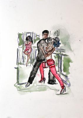 Zeichnung Tango mit Dame 02 Aquarellpapier, Tusche - Wolfgang Bretschneider - Array auf Array - Array - Array Zeichnung Tango mit Dame 02 Aquarellpapier, Tusche - Wolfgang Bretschneider - Array auf Array - Array - Array