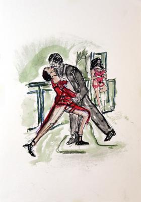 Zeichnung Tango mit Dame 03 Aquarellpapier, Tusche - Wolfgang Bretschneider - Array auf Array - Array - Array Zeichnung Tango mit Dame 03 Aquarellpapier, Tusche - Wolfgang Bretschneider - Array auf Array - Array - Array