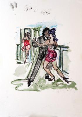 Zeichnung Tango mit Dame 04 Aquarellpapier, Tusche - Wolfgang Bretschneider - Array auf Array - Array - Array Zeichnung Tango mit Dame 04 Aquarellpapier, Tusche - Wolfgang Bretschneider - Array auf Array - Array - Array