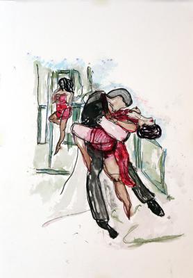 Zeichnung Tango mit Dame 05 Aquarellpapier, Tusche - Wolfgang Bretschneider - Array auf Array - Array - Array Zeichnung Tango mit Dame 05 Aquarellpapier, Tusche - Wolfgang Bretschneider - Array auf Array - Array - Array